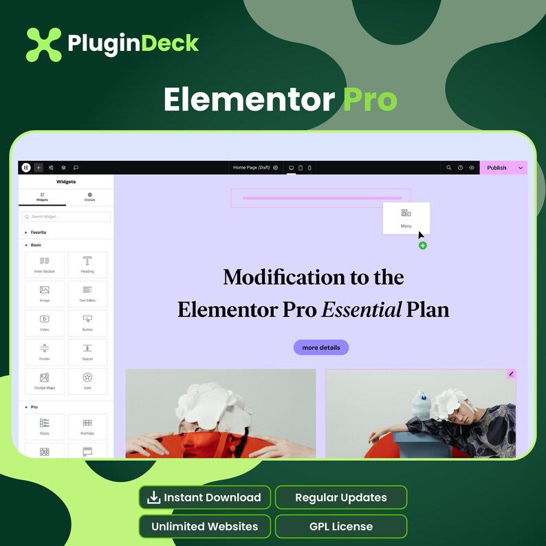 May include: A digital interface showing the Elementor Pro editor with a sidebar of widgets and a central canvas displaying the text Modification to the Elementor Pro Essential Plan, with buttons for Instant Download and Regular Updates below.