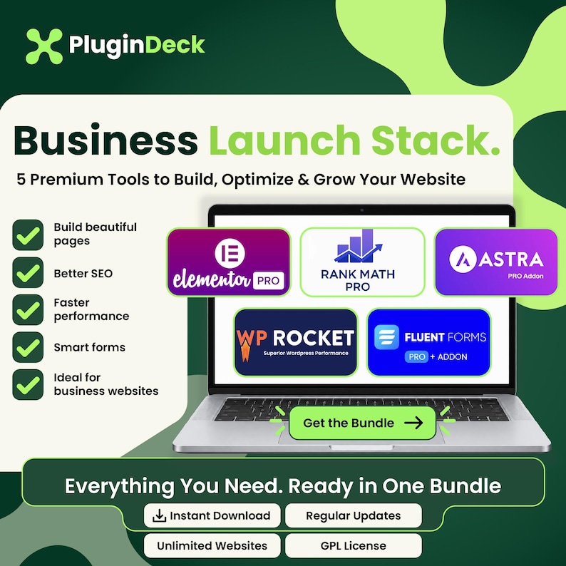 May include: A digital graphic for PluginDeck Business Launch Stack featuring a laptop displaying logos for Elementor Pro, Rank Math Pro, Astra Pro Addon, WP Rocket, and Fluent Forms Pro. Text includes 5 Premium Tools to Build, Optimize & Grow Your Website.