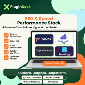 May include: A digital graphic for PluginDeck SEO & Speed Performance Stack featuring a laptop displaying WP Rocket, Rank Math Pro, perfmatters, and Smush Pro logos. Text includes 4 Premium Tools to Rank Higher & Load Faster and Get the Bundle.