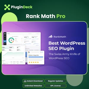 May include: A digital graphic for Rank Math Pro, a WordPress SEO plugin. The image displays analytics dashboards, a schema integration box with five stars, and text reading Best WordPress SEO Plugin, The Swiss Army Knife of WordPress SEO.