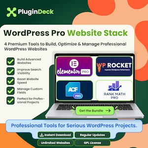 Elementor Pro + Rank Math Pro + WP Rocket + ACF Pro | WordPress-Plugin-Bundle | SEO, Geschwindigkeit & Website-Baukasten