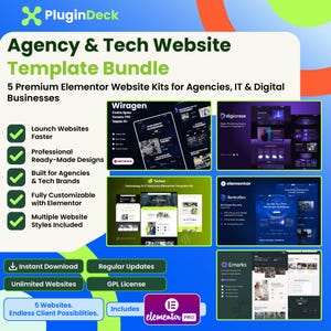 May include: A digital bundle titled Agency & Tech Website Template Bundle featuring 5 premium Elementor website kits. The graphic displays previews of Wiragen, digicraze, Techee, SentraSec, and Emarks templates with green checkmark feature lists.