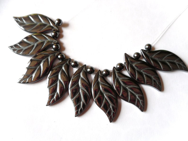 Carved Black Hematite Gemstone Leaf Pendant Set B1C3-2