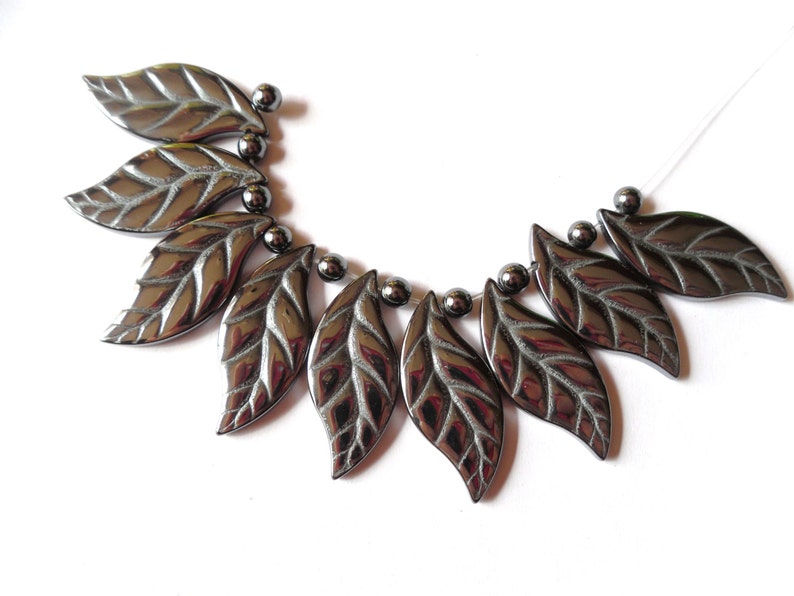 Carved Black Hematite Gemstone Leaf Pendant Set B1C3-2