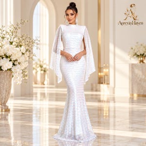 Vestido de noche largo con mangas tipo capa y lentejuelas, estilo sirena, vestido brillante para invitada a boda, gala o fiesta.