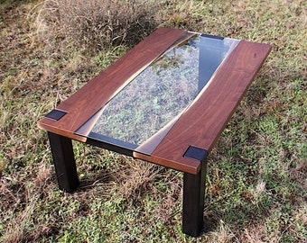 Live edge walnut coffee table with inset glass