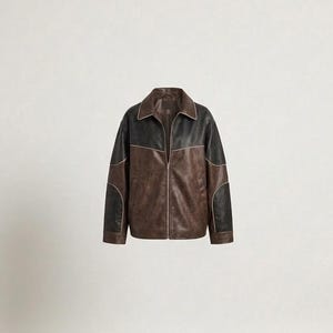 Chaqueta unisex de cuero marrón y negro, abrigo vintage con bloques de color y cremallera, prenda exterior retro informal.