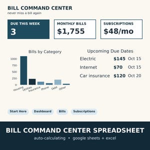 Bill Tracker Spreadsheet, Monthly Bill Organizer, Google Sheets Bill Payment Calendar, Subscription Tracker, Auto Calculate