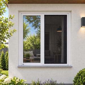 May include: A white window frame with two panes. The left pane is clear glass reflecting an outdoor patio. The right pane features a dark gray pleated insect screen that is partially closed, showing a vertical ribbed texture.