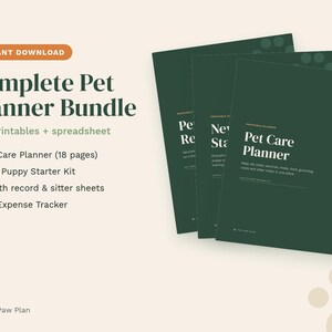 Pet Planner Bundle Printable, Pet Care Planner, New Puppy Kit, Pet Health Record, Pet Sitter Sheet, Pet Expense Tracker Spreadsheet image 1