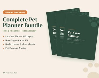 Pet Planner Bundle Printable, Pet Care Planner, New Puppy Kit, Pet Health Record, Pet Sitter Sheet, Pet Expense Tracker Spreadsheet