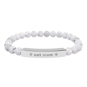 Cat Mom Bracelet, Engraved Natural Stone Bead Bracelet, Cat Lover Gift for Her, Paw Print Jewelry image 2