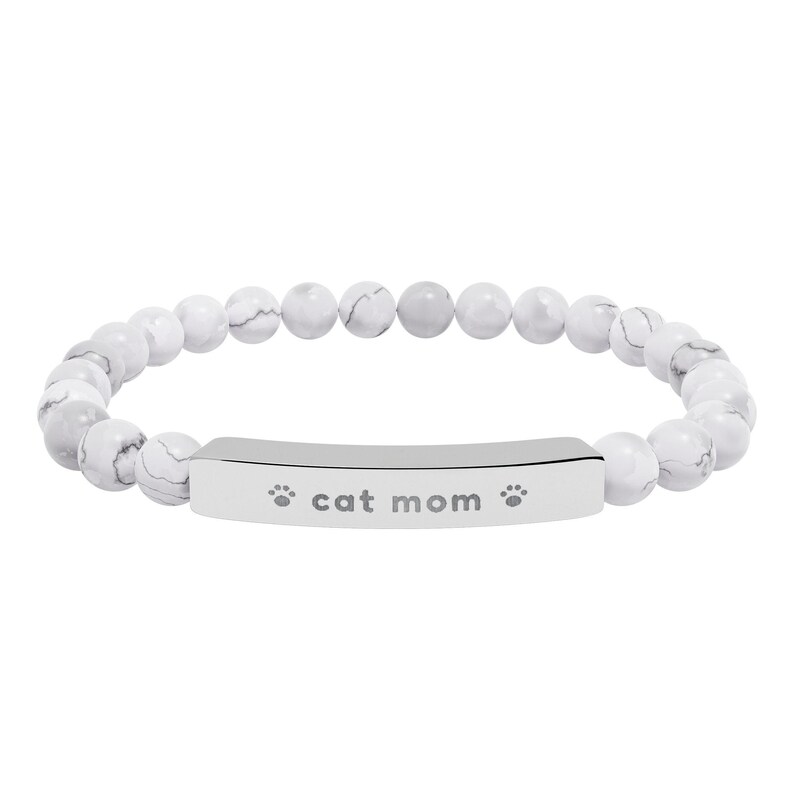 Cat Mom Bracelet, Engraved Natural Stone Bead Bracelet, Cat Lover Gift for Her, Paw Print Jewelry image 2