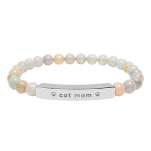 Cat Mom Bracelet, Engraved Natural Stone Bead Bracelet, Cat Lover Gift for Her, Paw Print Jewelry image 1