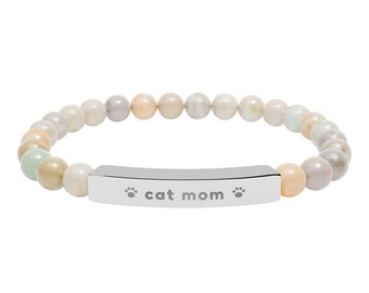 Cat Mom Bracelet, Engraved Natural Stone Bead Bracelet, Cat Lover Gift for Her, Paw Print Jewelry