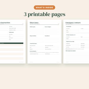 May include: Three printable pages for pet care organization. The first page is titled Pet sitter instructions, the second is Sitter notes, and the third is Emergency contacts. Each page features black text on a white background with lines for writing.