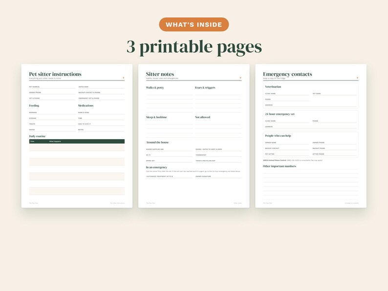 May include: Three printable pages for pet care organization. The first page is titled Pet sitter instructions, the second is Sitter notes, and the third is Emergency contacts. Each page features black text on a white background with lines for writing.