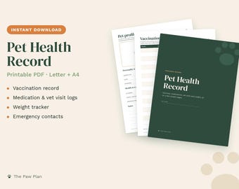 Pet Health Record Printable, Dog Vaccination Record, Cat Vaccine Card, Pet Medical Record, Medication Log, Vet Visit Tracker PDF