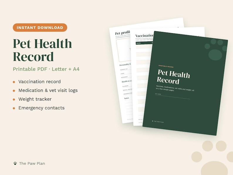 May include: A printable pet health record document set featuring a dark green cover page with the text Pet Health Record, followed by white interior pages with sections for vaccination, medication, vet visit logs, weight tracker, and emergency contacts.