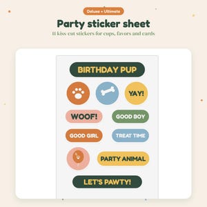 Pode incluir: Uma folha de autocolantes de festa com 11 autocolantes cortados com texto e &iacute;cones como BIRTHDAY PUP, YAY!, WOOF!, GOOD BOY, GOOD GIRL, TREAT TIME, PARTY ANIMAL e LET'S PAWTY! em cores como verde escuro, laranja, azul e amarelo.
