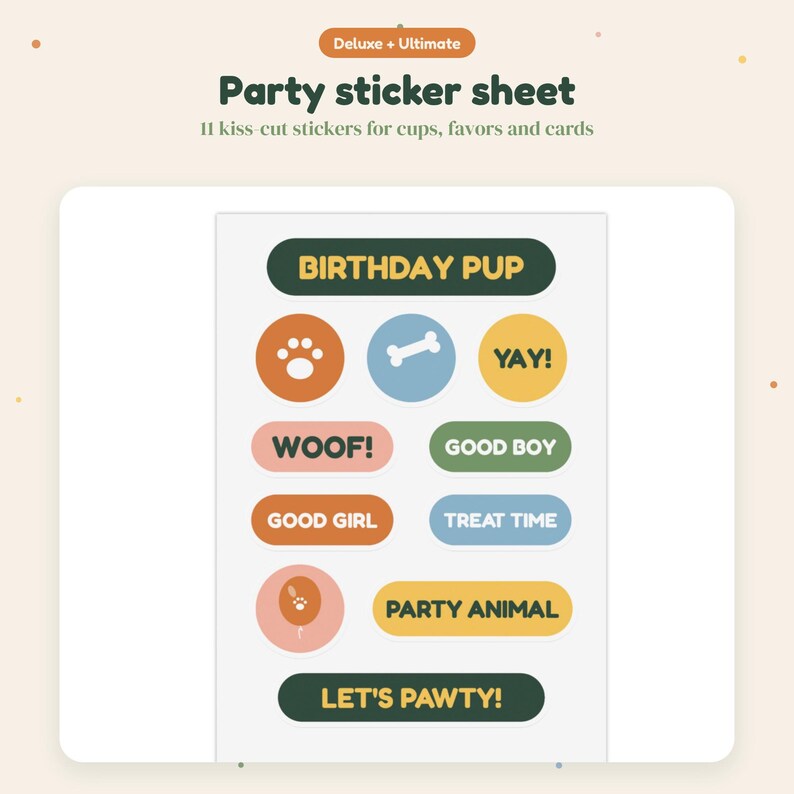 Pode incluir: Uma folha de autocolantes de festa com 11 autocolantes cortados com texto e &iacute;cones como BIRTHDAY PUP, YAY!, WOOF!, GOOD BOY, GOOD GIRL, TREAT TIME, PARTY ANIMAL e LET'S PAWTY! em cores como verde escuro, laranja, azul e amarelo.