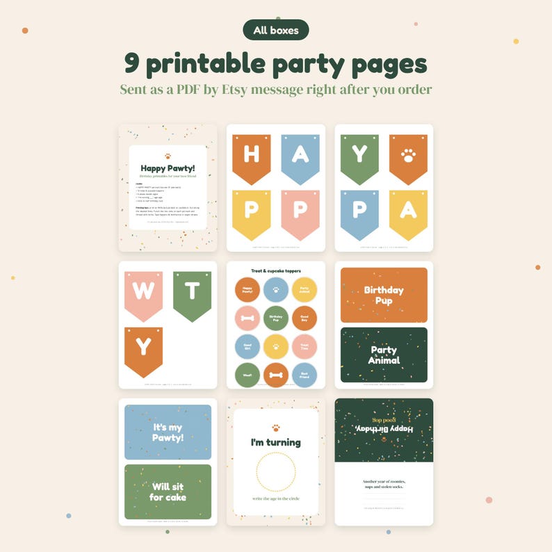Pode incluir: Uma cole&ccedil;&atilde;o de nove p&aacute;ginas de festa imprim&iacute;veis com designs coloridos, incluindo bandeirolas com letras que formam Happy Pawty, topos de cupcake circulares com patas e ossos, e v&aacute;rios cartazes retangulares com texto.