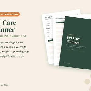 May include: A digital Pet Care Planner printable PDF set featuring a dark green cover with paw print accents and white text. The planner includes 18 pages for dogs and cats, covering vaccines, medications, vet visits, food, weight, grooming logs, pet budget, and sitter notes in Letter and A4 sizes.