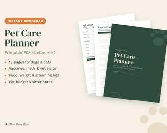 Pet Care Planner Printable, Dog & Cat Health Record, Vaccine Tracker, Vet Visit Log, Pet Sitter Sheet, Pet Budget PDF, Letter and A4