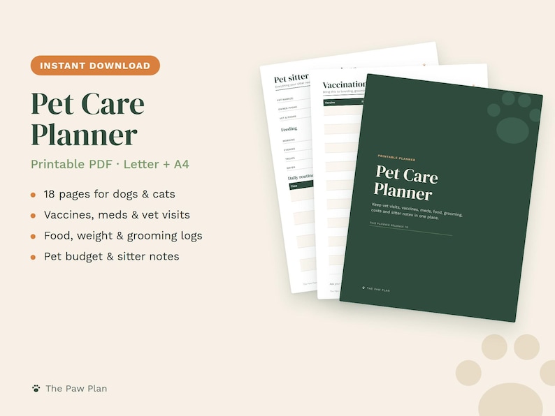May include: A digital Pet Care Planner printable PDF set featuring a dark green cover with paw print accents and white text. The planner includes 18 pages for dogs and cats, covering vaccines, medications, vet visits, food, weight, grooming logs, pet budget, and sitter notes in Letter and A4 sizes.