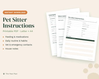 Pet Sitter Instructions Printable, Dog Sitter Checklist, Cat Sitter Notes, Pet Care Instructions, Emergency Contacts Sheet PDF
