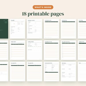 May include: A digital pet care planner set featuring 18 printable pages with a dark green cover and white interior sheets. The pages include sections for pet profiles, emergency contacts, vaccination records, medication logs, and various trackers.