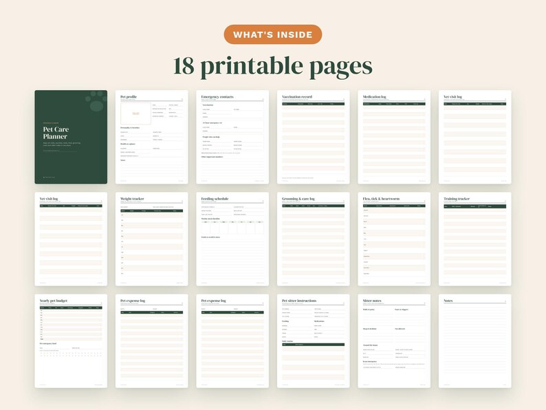 May include: A digital pet care planner set featuring 18 printable pages with a dark green cover and white interior sheets. The pages include sections for pet profiles, emergency contacts, vaccination records, medication logs, and various trackers.