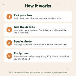 Pode incluir: Um gr&aacute;fico instrutivo intitulado How it works com quatro passos numerados em c&iacute;rculos laranja. Passo 1: Pick your box. Passo 2: Add the details. Passo 3: Send a photo. Passo 4: Party time. Inclui texto sobre nomes, idades e tamanhos de animais.