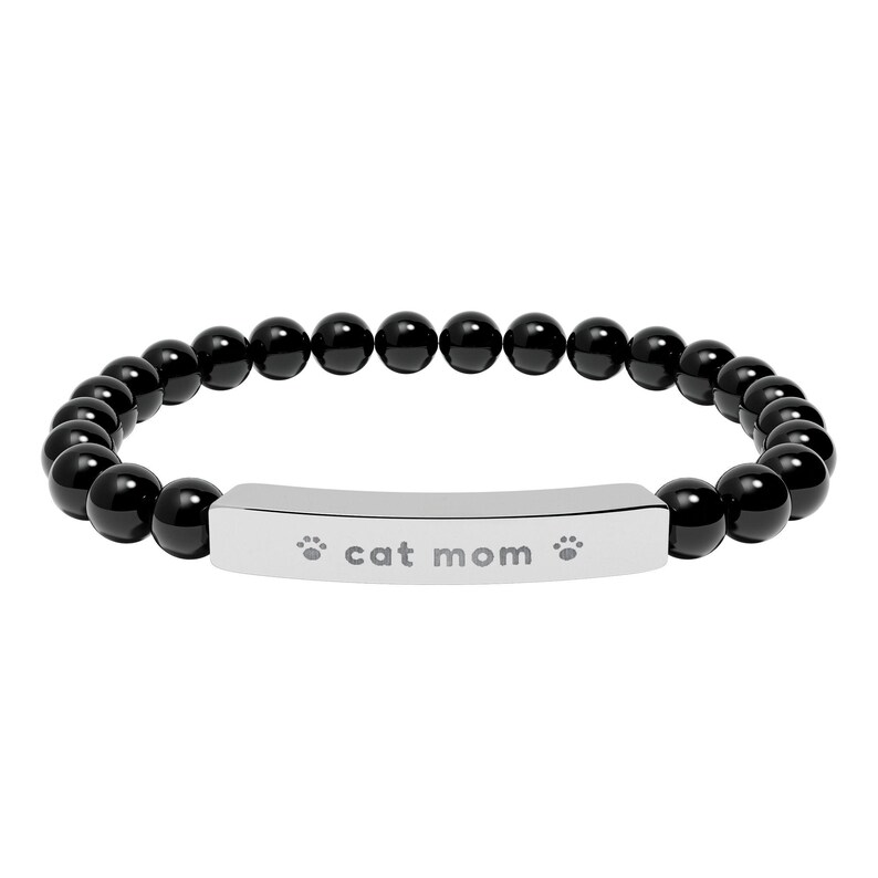 Cat Mom Bracelet, Engraved Natural Stone Bead Bracelet, Cat Lover Gift for Her, Paw Print Jewelry image 3