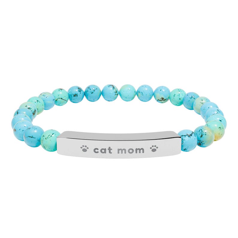 Cat Mom Bracelet, Engraved Natural Stone Bead Bracelet, Cat Lover Gift for Her, Paw Print Jewelry image 7