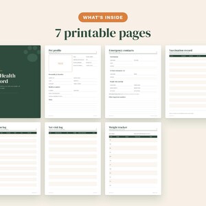 May include: A set of seven printable pages for a Pet Health Record. The dark green cover features a paw print and the text Pet Health Record. The interior pages include a pet profile, emergency contacts, vaccination record, medication log, vet visit log, and weight tracker.