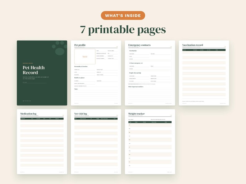May include: A set of seven printable pages for a Pet Health Record. The dark green cover features a paw print and the text Pet Health Record. The interior pages include a pet profile, emergency contacts, vaccination record, medication log, vet visit log, and weight tracker.