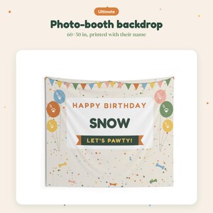 Pode incluir: Um fundo retangular para cabine de fotos de 152 por 127 cm, com um fundo creme decorado com confetes e formas de ossos coloridos. Exibe o texto HAPPY BIRTHDAY, SNOW e LET'S PAWTY! com bal&otilde;es e bandeirolas decorativas estampadas.