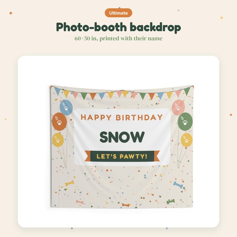 Pode incluir: Um fundo retangular para cabine de fotos de 152 por 127 cm, com um fundo creme decorado com confetes e formas de ossos coloridos. Exibe o texto HAPPY BIRTHDAY, SNOW e LET'S PAWTY! com bal&otilde;es e bandeirolas decorativas estampadas.