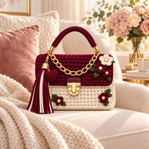 May include: A two-toned crochet handbag featuring a dark burgundy top flap and a cream-colored base. The bag includes a gold-tone chain handle, a gold metal clasp, a burgundy heart charm, a long tassel, and decorative crocheted floral accents.