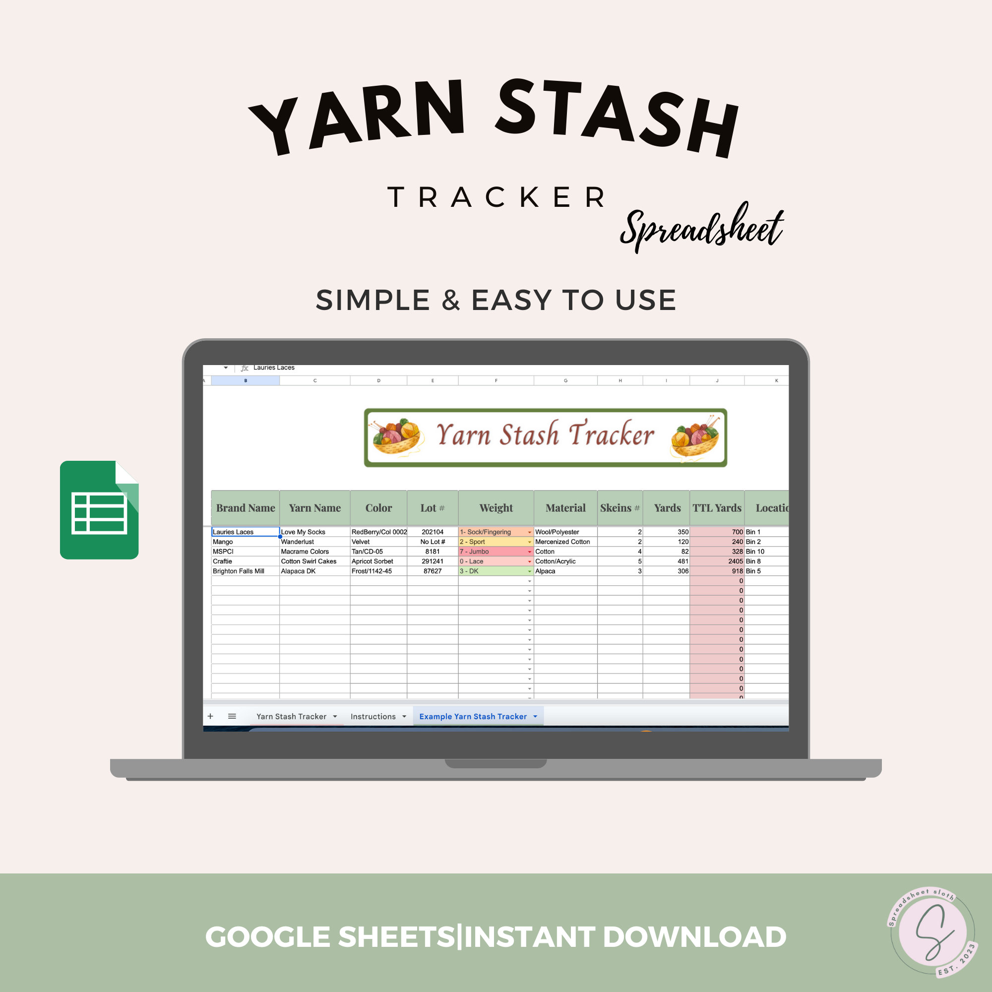 Yarn Stash Tracker Google Sheets Spreadsheetyarn Inventory Etsy