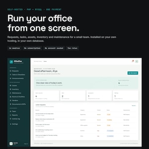 May include: A digital dashboard interface titled OfficeFlow featuring a dark sidebar with navigation menus and a light main area displaying office operations, task lists, request statuses, and team activity logs on a white background.