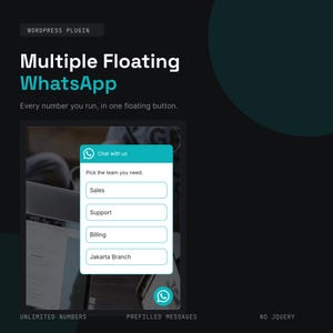 May include: A WordPress plugin graphic titled Multiple Floating WhatsApp with the text Every number you run, in one floating button. It displays a teal and white chat interface with options for Sales, Support, Billing, and Jakarta Branch.