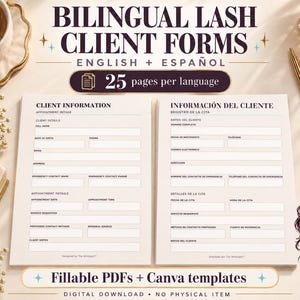 Peut inclure: Formulaires bilingues pour clientes de cils en anglais et espagnol avec 25 pages par langue. Le document inclut des sections pour les informations client, la prise de rendez-vous et les détails. Le texte indique Bilingual Lash Client Forms, English + Español, 25 pages per language, Fillable PDFs + Canva templates, Digital Download, No Physical Item.