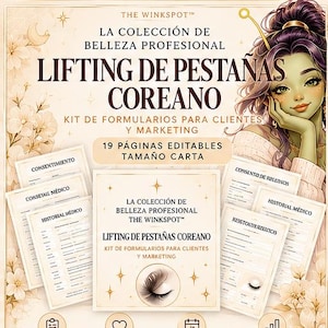 Può includere: Un kit di collezione di bellezza professionale per il lifting delle ciglia coreano con 19 pagine modificabili in formato lettera di moduli per clienti e marketing, presentato con un personaggio illustrato e accenti floreali in toni crema e oro.