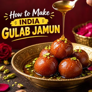 Pode incluir: Uma tigela de metal dourado cheia de bolas de sobremesa gulab jamun redondas e castanhas em calda, cobertas com pistácios verdes picados. Uma colher despeja calda. O texto diz: How to Make INDIA GULAB JAMUN. Pétalas de rosa vermelhas.