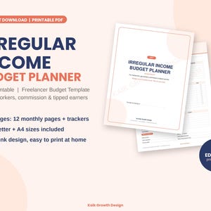 Könnte beinhalten: Ein 2027 Irregular Income Budget Planner als druckbare PDF-Vorlage mit 25 Seiten, inklusive 12 Monatsübersichten und Trackern. Das Dokument enthält US Letter- und A4-Formate und ist in einem tintensparenden Design gehalten.