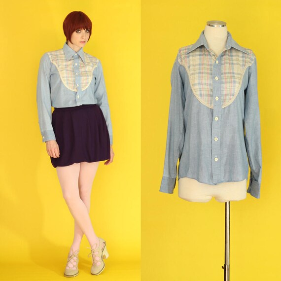 Vintage 70s Denim Shirt - Chambray Shirt - Pastel