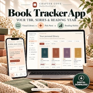 Pode incluir: Uma aplicação digital de rastreio de livros exibida num smartphone e num ecrã de portátil. A interface mostra uma biblioteca pessoal, registos de leitura e estatísticas. Texto: Chapter Cove, Book Tracker App, Your TBR, Series & Reading Year.