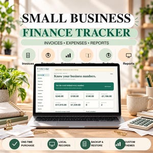 May include: A digital small business finance tracker displayed on a laptop screen, featuring sections for invoices, expenses, and reports. The interface shows financial data, including revenue and cash flow, with icons for payments, inventory, and budgets.